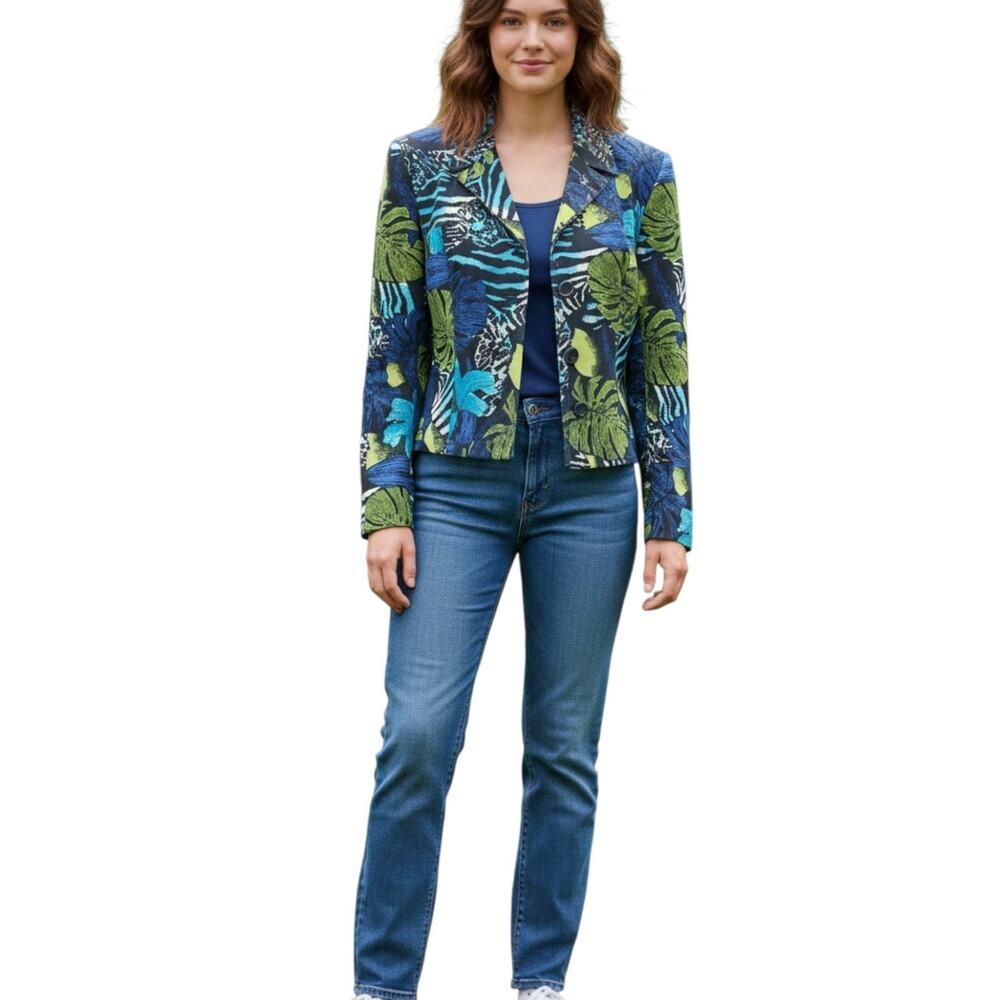 Vintage Alberto Makali Cache Suit Blazer 10 Blue Green Floral Cropped USA Career
